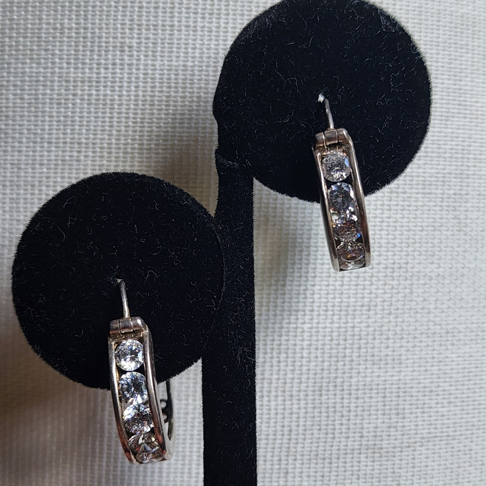 Sterling Silver 4mm Cubic Zirconia CZ Hoop Earrings - Picture 3 of 7